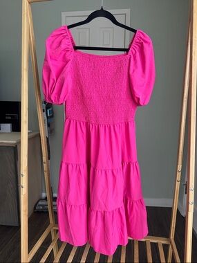 SHEIN Hot Pink Smocked Puff Sleeve Tiered Mini Dress